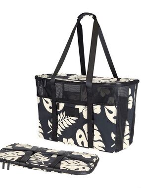 ALOHA Collection Black and Cream Floral collapsible Beach Tote